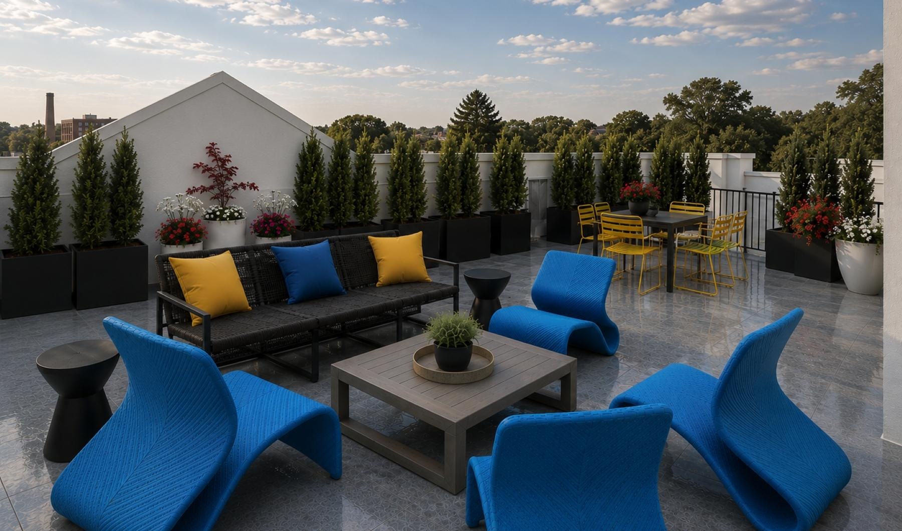 a group of chairs and tables outside