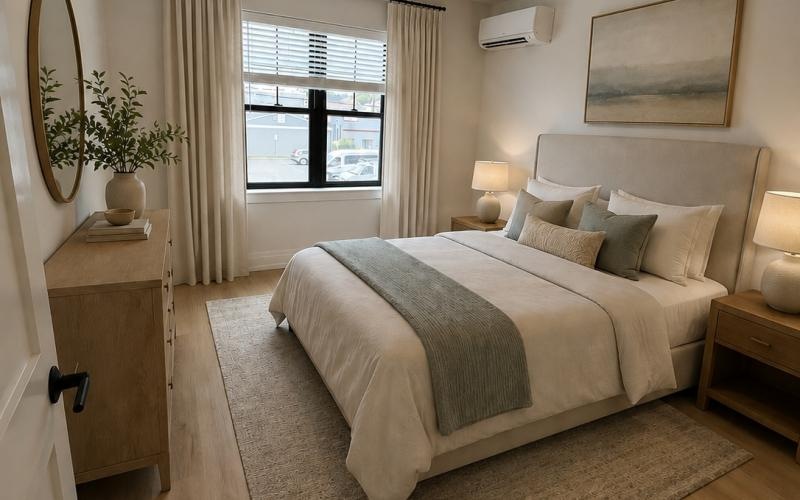 a bedroom with a large window