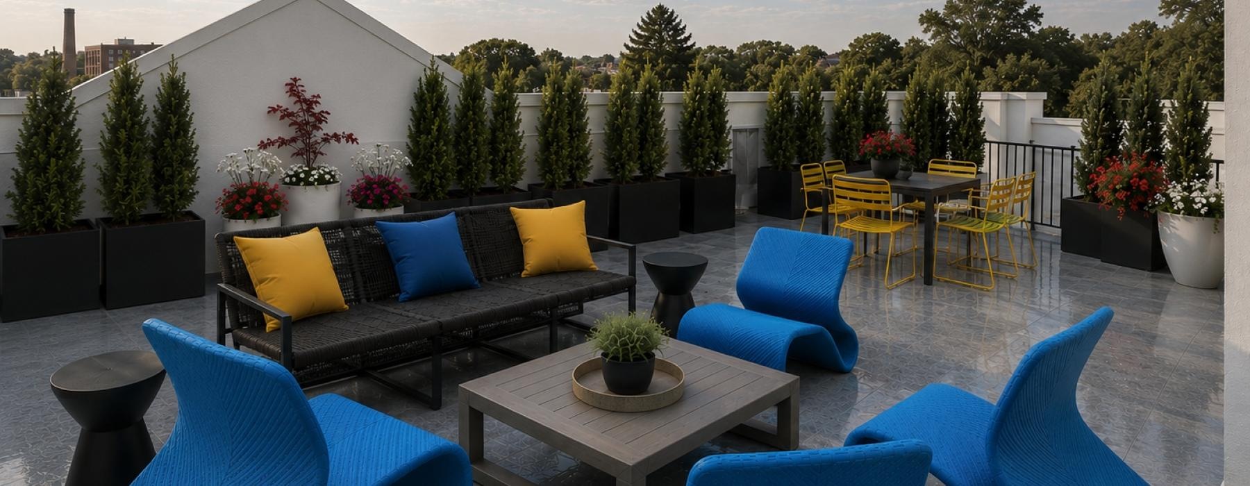 a group of chairs and tables outside