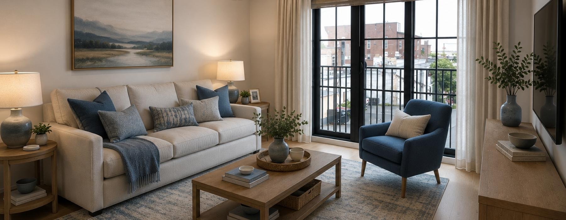 a living room with a couch and a coffee table