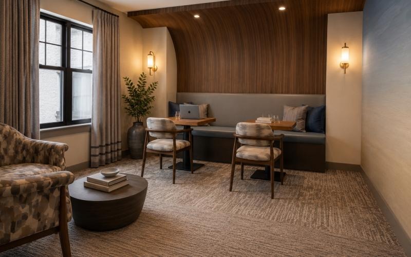 a living room with a couch and chairs