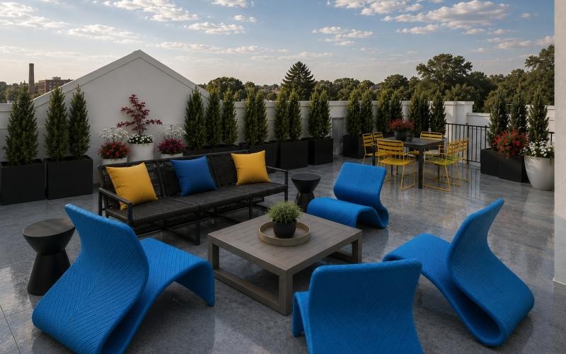 a group of chairs and tables outside